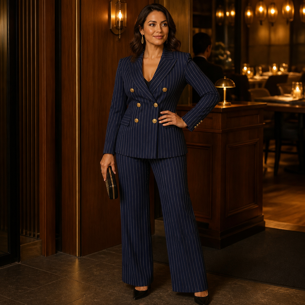 Lumiera™ – Custom Pinstripe Double-Breasted Blazer Suit Set