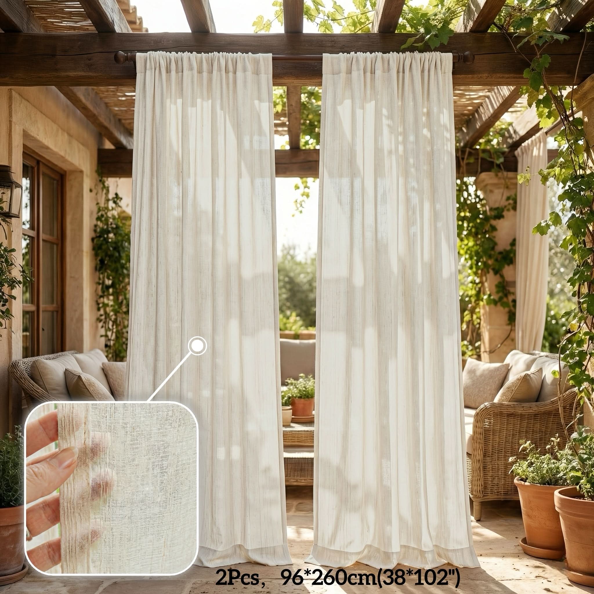 Outdoor Sheer Curtains in Faux Linen for Boho Patio Privacy