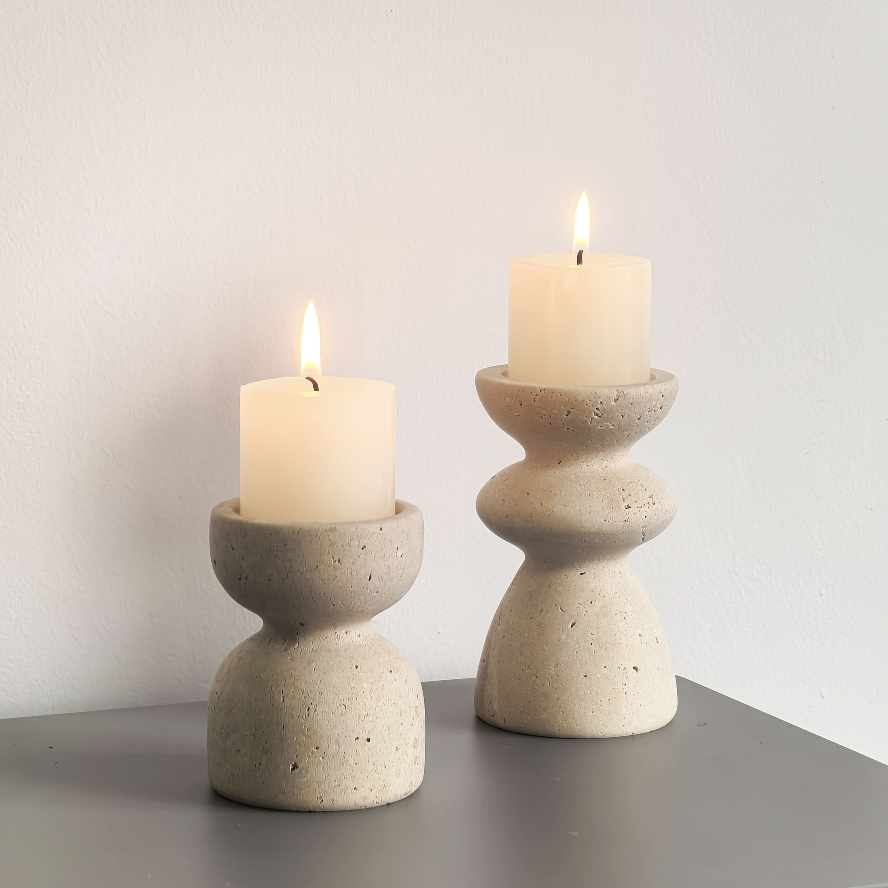 Set of Natural Marble Candle Holders in Travertine Style
