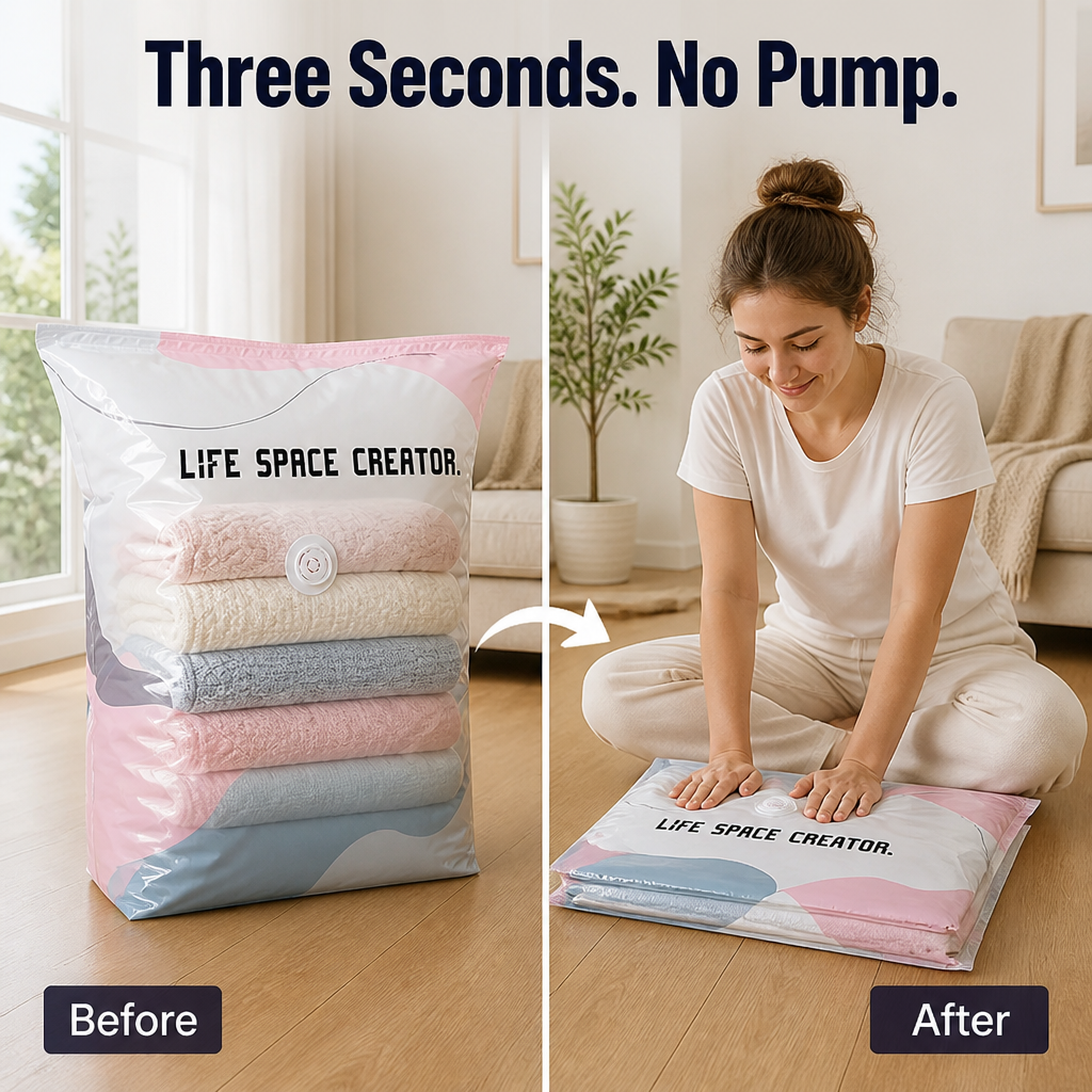 SwiftSpace™ — Compress Comforters, Coats & Bedding Down to One-Fifth Their Size, No Pump Needed