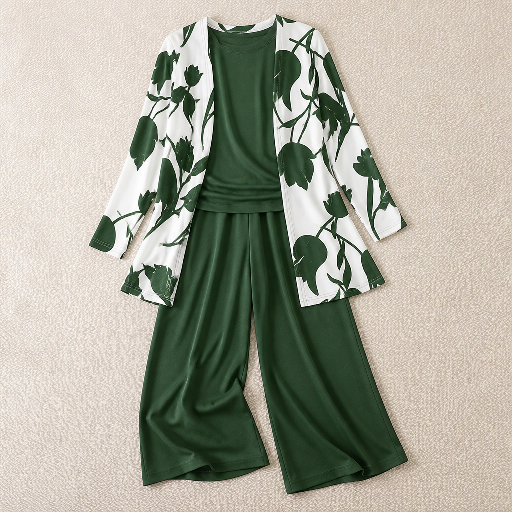 VelaLuxe™ – Elegant 3-Piece Set with Floral Cardigan & Wide-Leg Pants