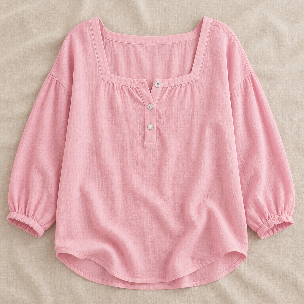 LumaFemme™ – Breezy Square-Neck Puff Sleeve Cotton-Linen Blouse