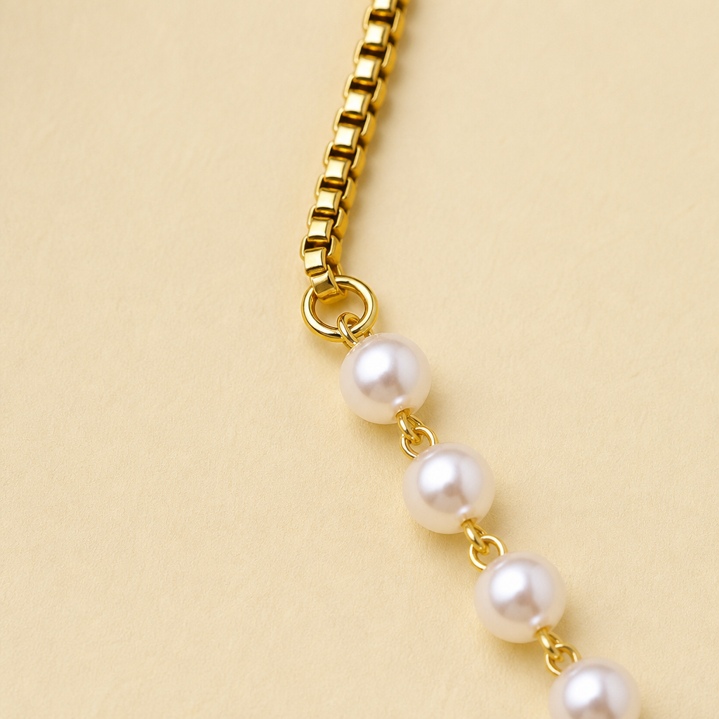 ViraLuxe™ – Gold Asymmetric Pearl and Chain Necklace & Bracelet Set