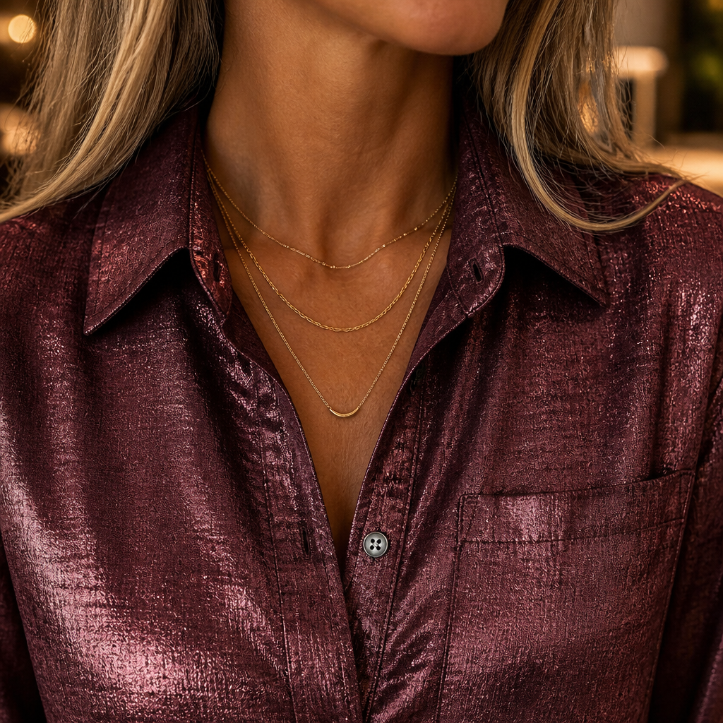 SilkenShade™ – Shiny Metallic Button-Down Shirt with Lapel Collar