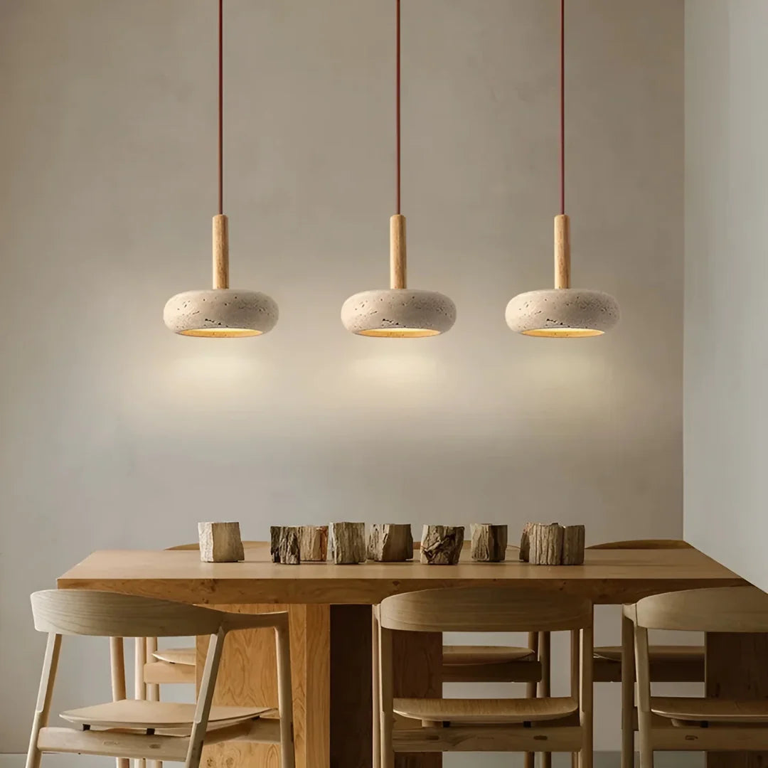 Travertine Hanging Light with Wooden Accent – Warm Glow, Adjustable Cord