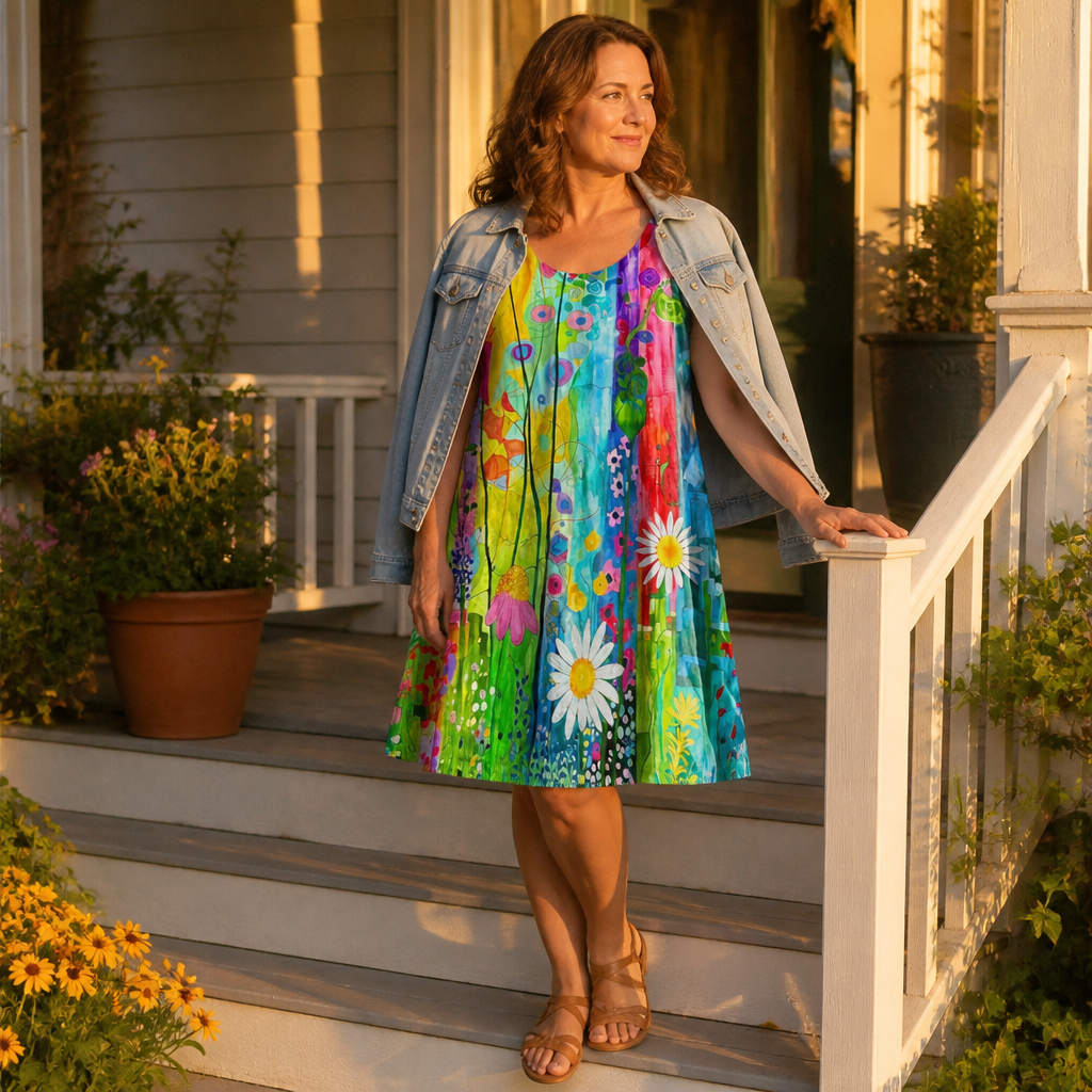 LuminaLuxe™ – Sleeveless A-Line Dress with Hand-Painted Florals
