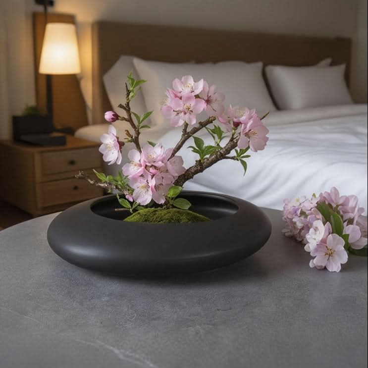 Shallow Ceramic Pot for Bonsai with Artistic Pebble Decoration
