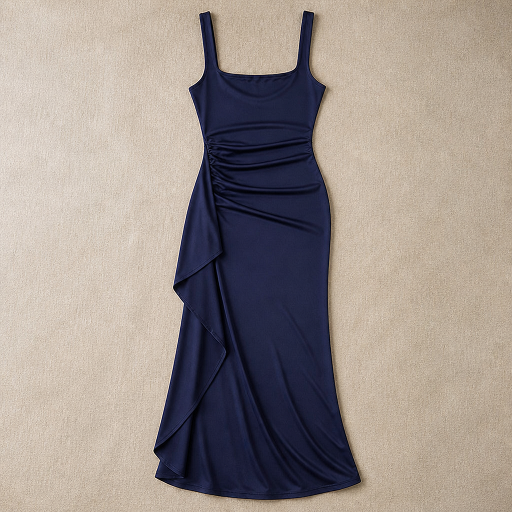 LuminaLuxe™ – Elegant Square-Neck Ruched Maxi Dress with High Thigh Slit