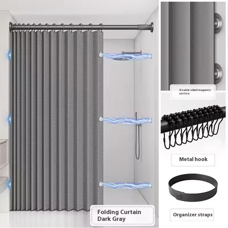 Foldable Shower Curtain with Push Rod for Walk-In Showers