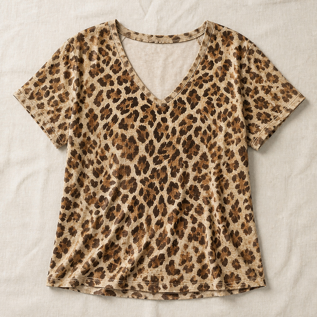FierzaWear™ – Easygoing Leopard Print V-Neck Tee with Cutout Accent