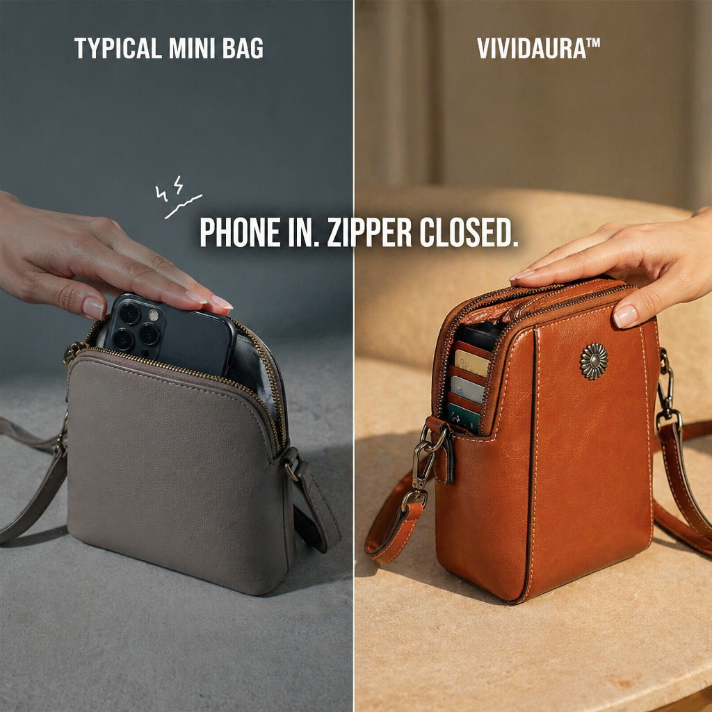 VividAura™ — Soft-Leather Crossbody to Hold Phone, Cards & Lipstick All-in-One