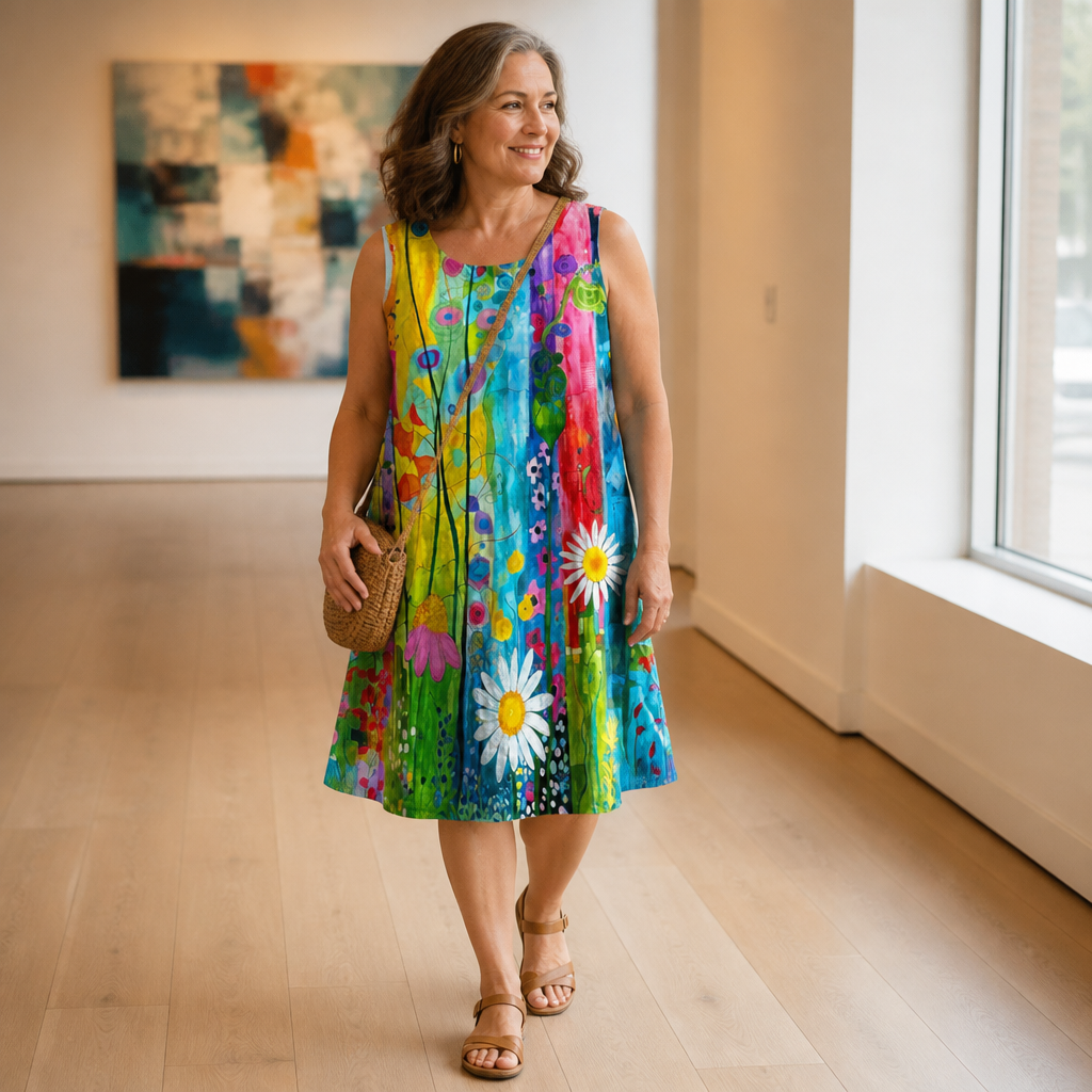 LuminaLuxe™ – Sleeveless A-Line Dress with Hand-Painted Florals