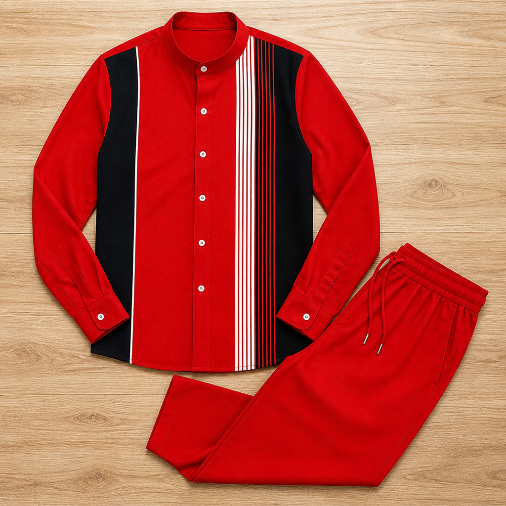 ValoroEdge™ – Color-Block Striped Mandarin-Collar Shirt & Pants Set