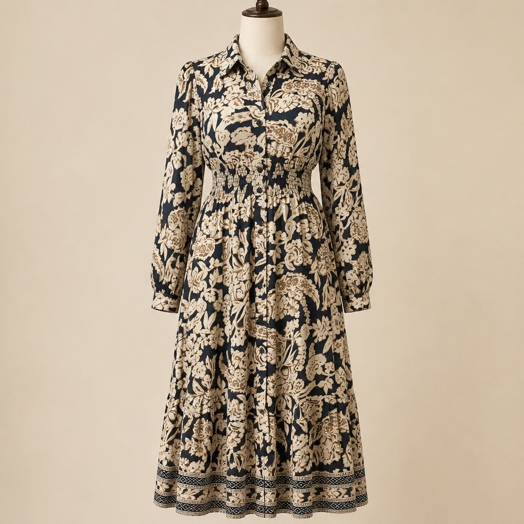 BloomAura™ – Retro Block-Print Shirt Dress with Smocked Waist