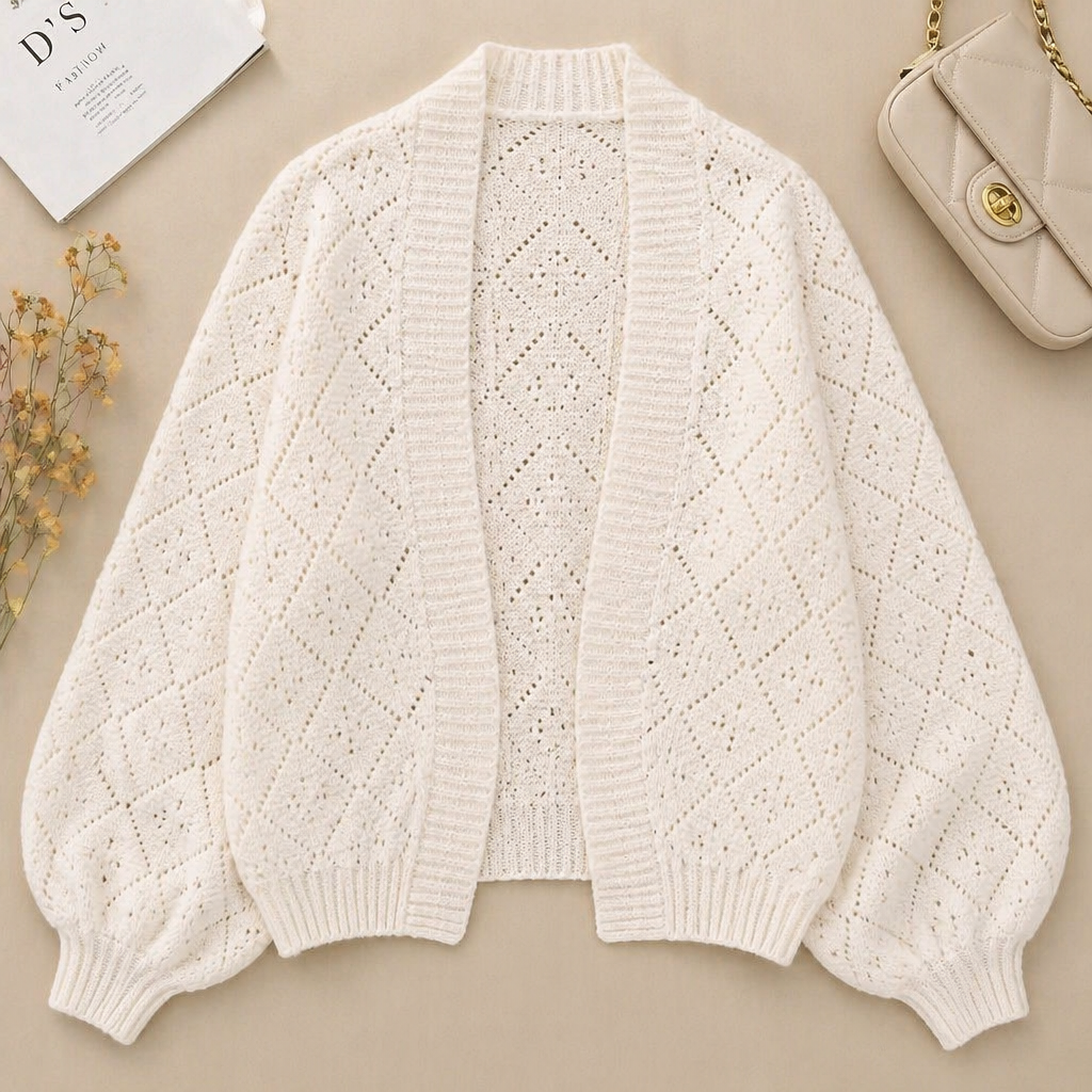 AerieLuxe™ – Hollow Knit Shawl Cardigan with Lantern Sleeves and Open Front