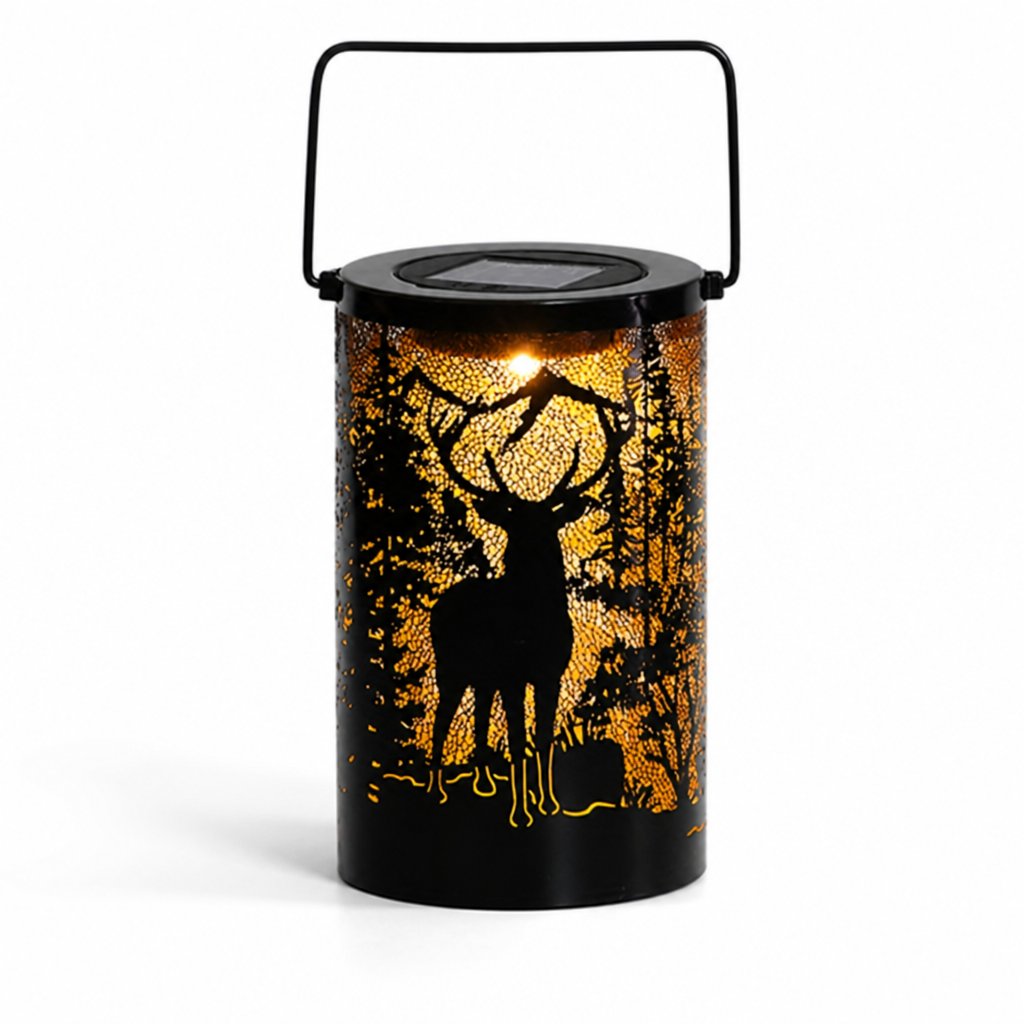 Solar Rechargeable Iron Lantern (Deer Cutout Projection)