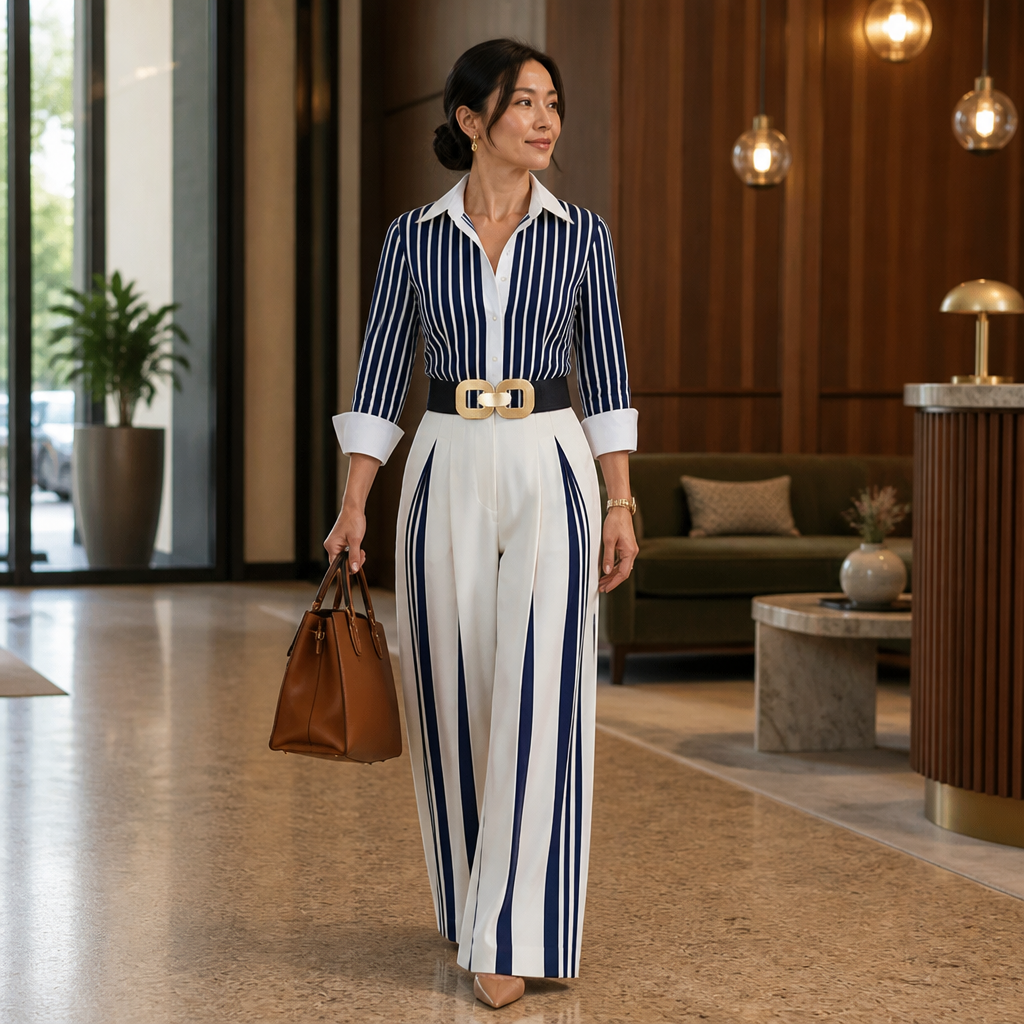 FlexiSilk™ – Stylish Striped Shirt with Wide-Leg Pants Set