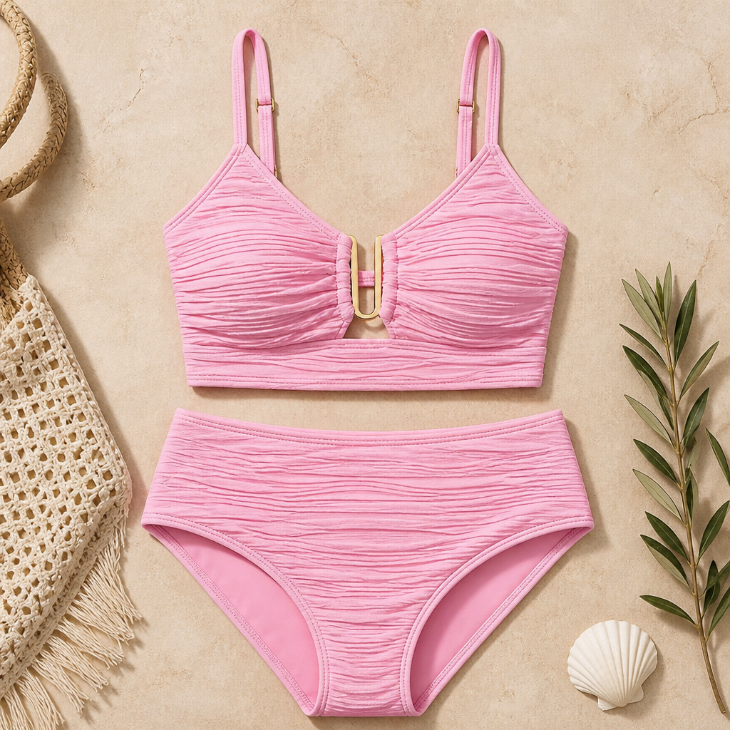VeloraCurve™ – High-Waist Tummy-Control Bikini Set with Gold U-Wire