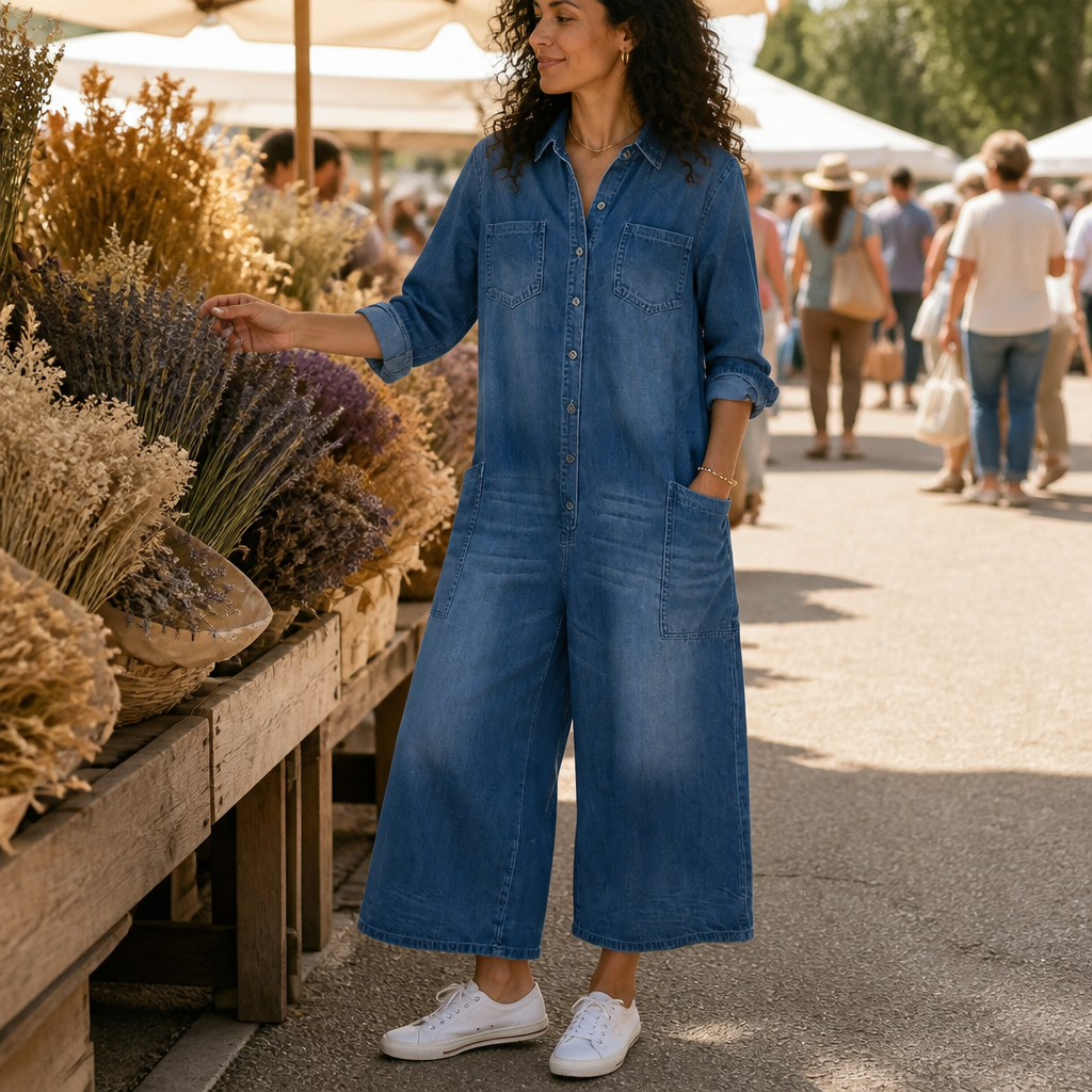 Flowease™ – Laid-Back Wide-Leg Denim Jumpsuit Featuring Button-Front Top