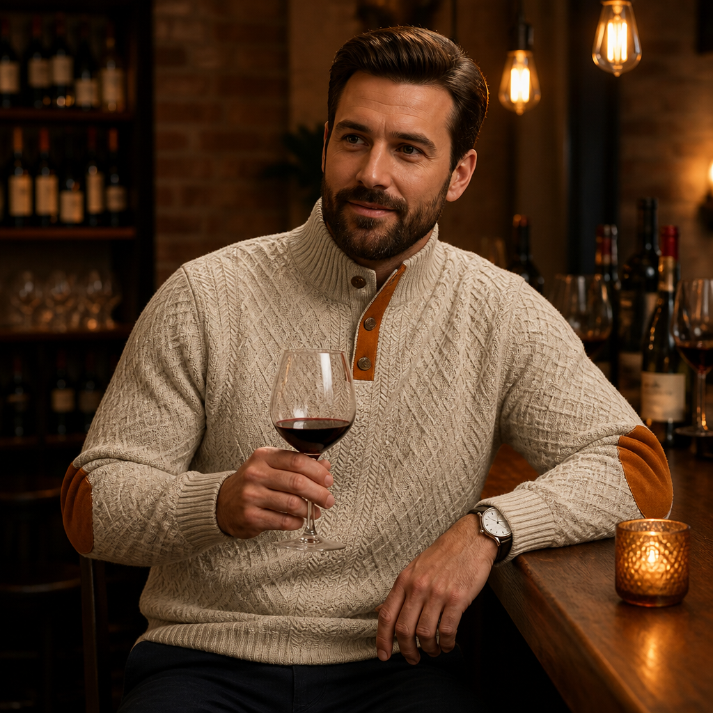 AtlasForge™ – Jacquard Textured Stand-Collar Sweater with Elbow Patches