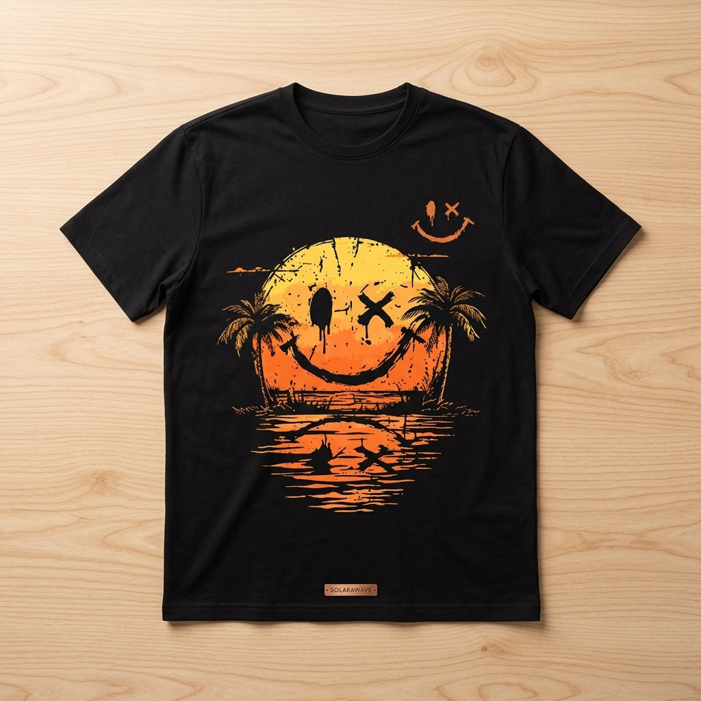 SolaraWave™ – Retro Sunset Smiley Graphic Tee with Front & Back Print