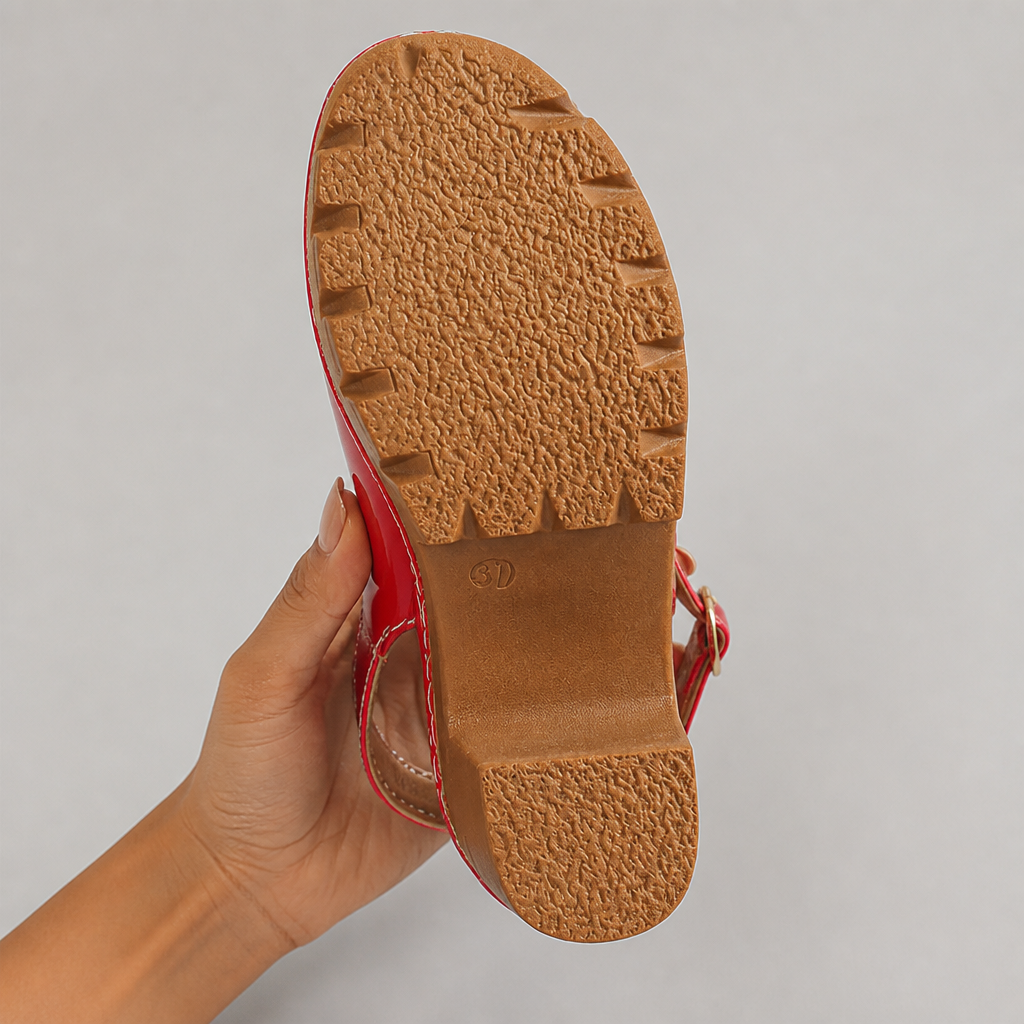 VivaStride™ – Patented Peep-Toe Block Heel Sandals Featuring Bold Gold Buckle