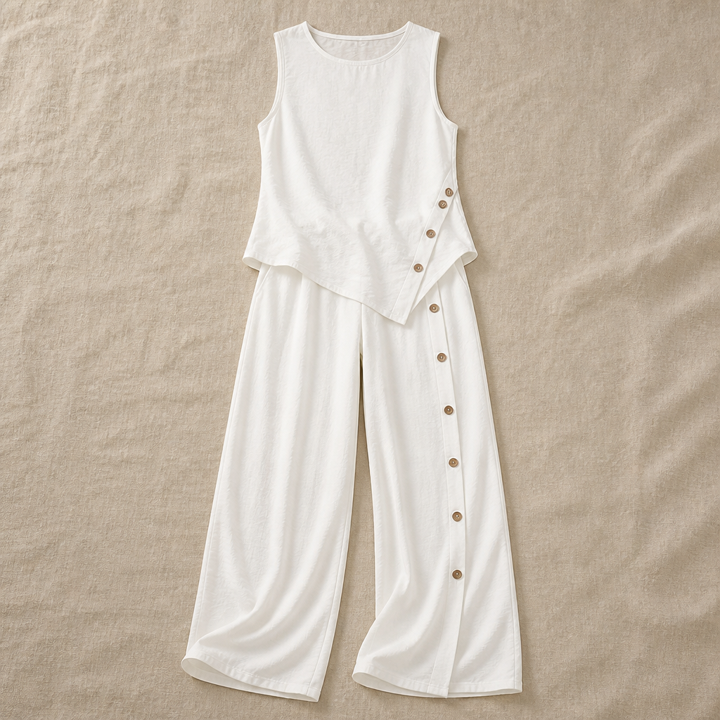 VivaLuxe™ – Breezy Wide-Leg Two-Piece Set with Asymmetric Button Detail