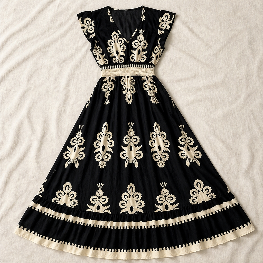 LuminaSway™ – V-Neck Maxi Dress with Vintage Baroque Print