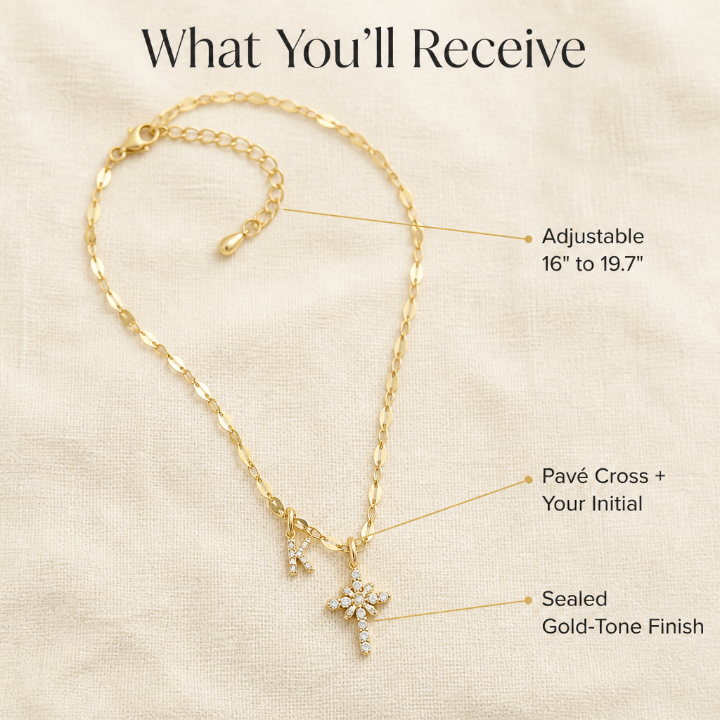GlowAura™ — Stack Your Initial and Cross on a Radiant Gold Petal Chain