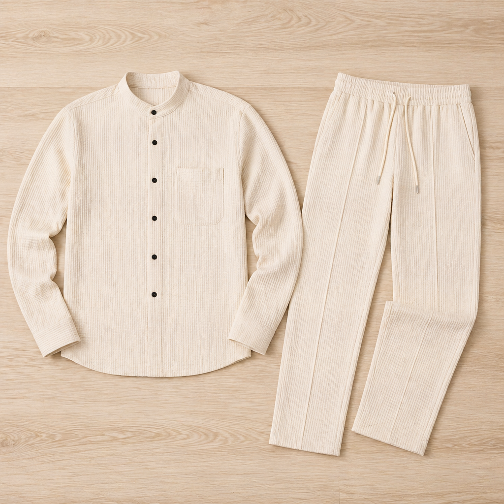 AnyWear™ – Casual Waffle-Knit Shirt & Pants Set Featuring Mandarin Collar