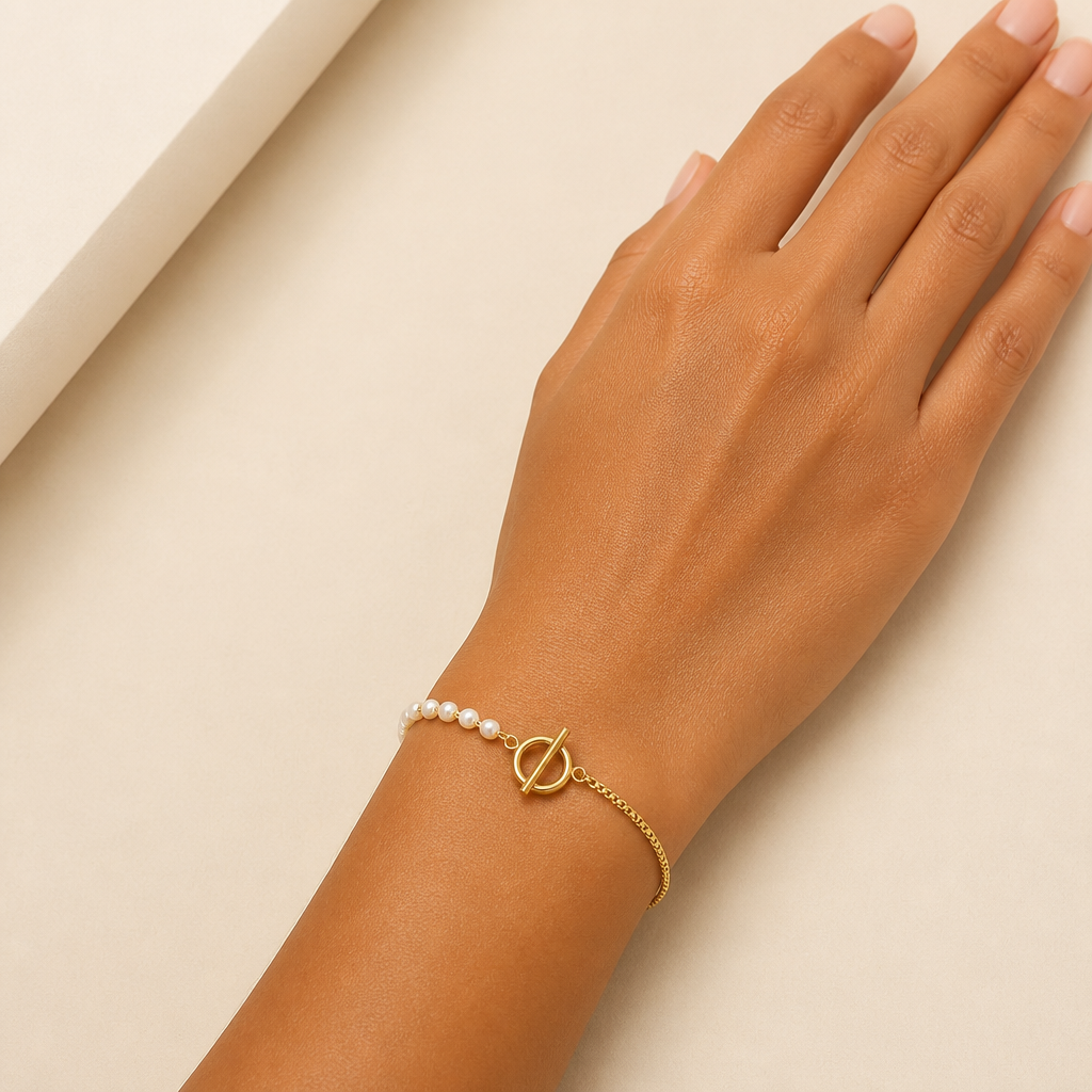 ViraLuxe™ – Gold Asymmetric Pearl and Chain Necklace & Bracelet Set