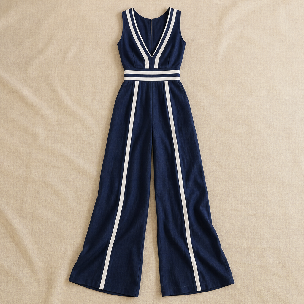 SilhouetteLuxe™ – Breathable Linen Wide-Leg Jumpsuit with Contrast Waistband