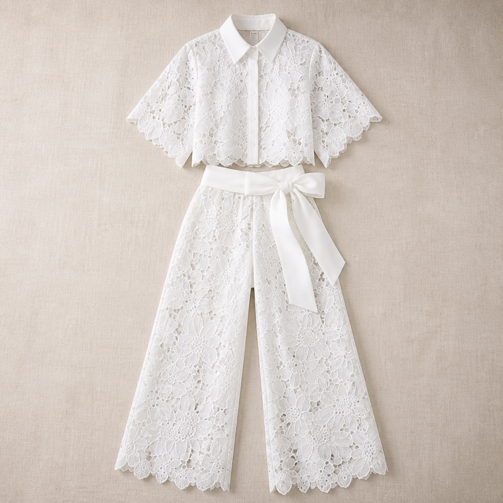 ArlenaBreeze™ – Elegant Floral Crochet Lace Set with Tie-Waist Wide-Leg Pants