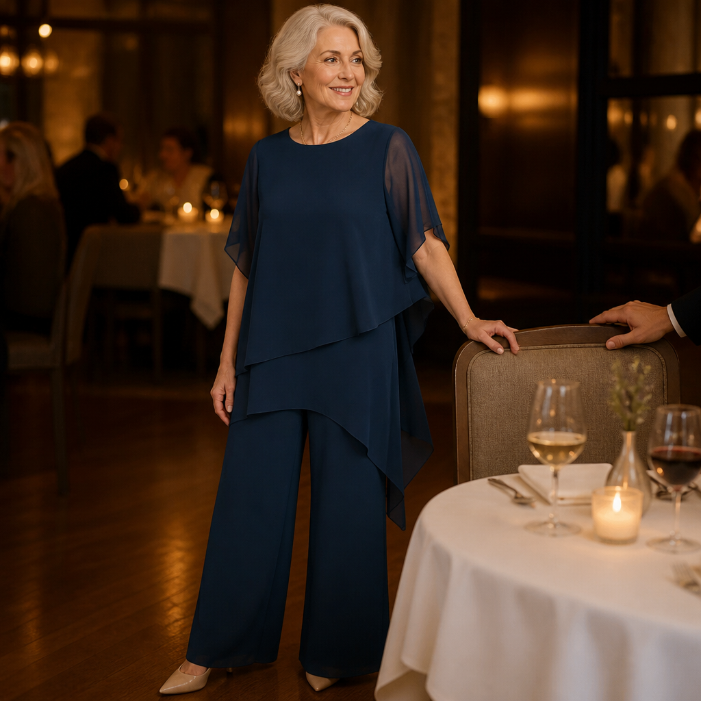 VeloraFit™ – Stylish Asymmetric Chiffon Two-Piece Pant Ensemble