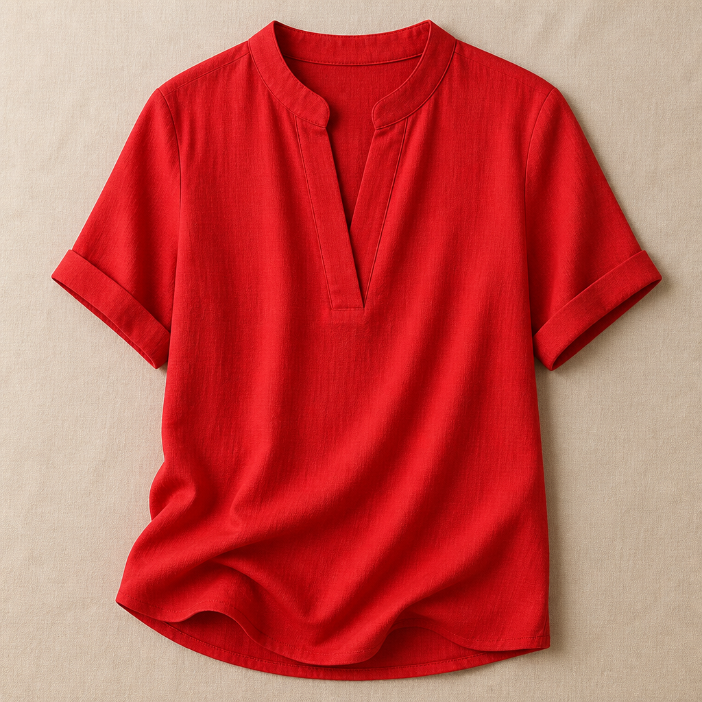 LioraSilk™ – Elegant V-Neck Top with Notched Stand Collar