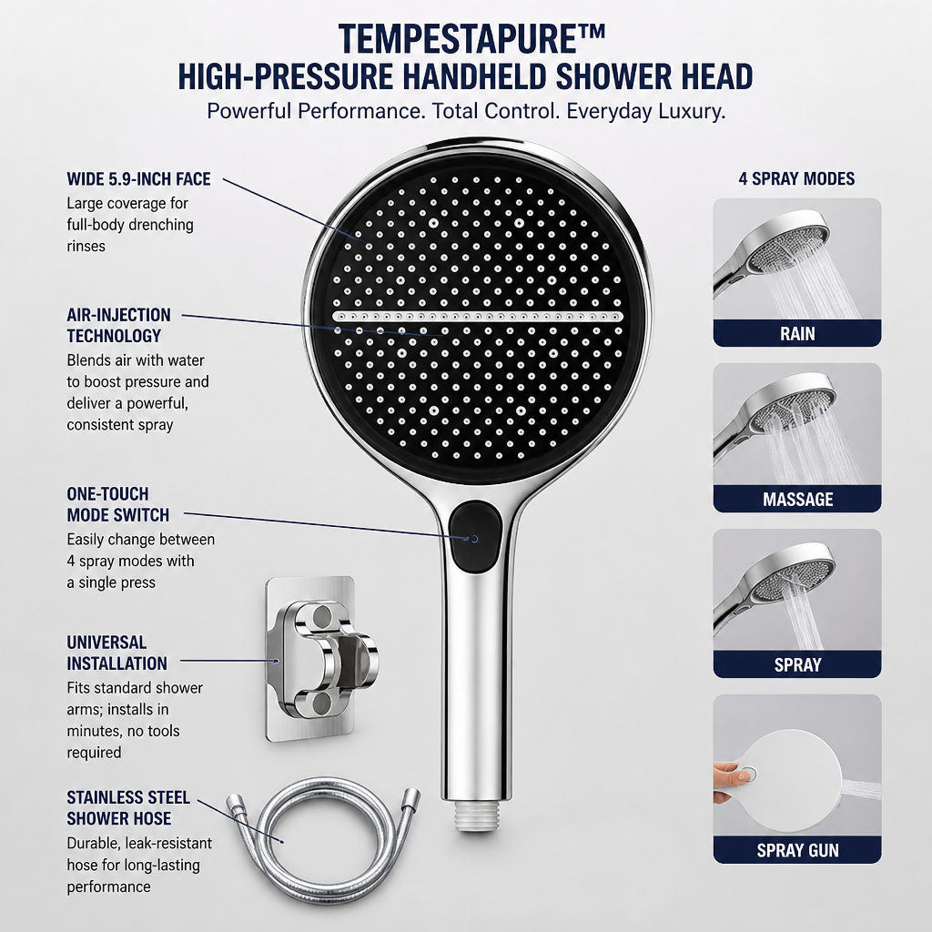 TempestaPure™ High-Pressure Handheld Shower Head — Ignite Your Senses with a Powerfully Revitalizing Shower Every Time