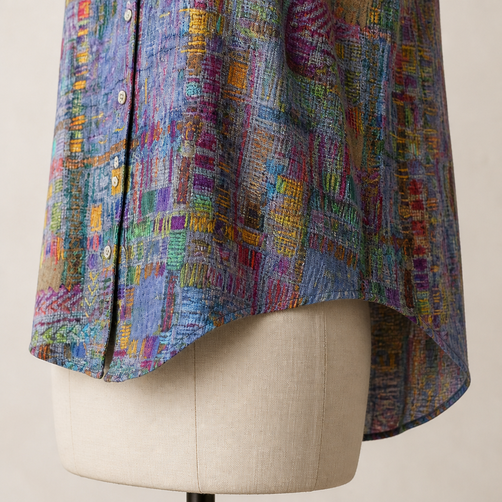 ViviaHue™ – Artistic Patchwork Buttoned Sleeveless V-Neck Blouse
