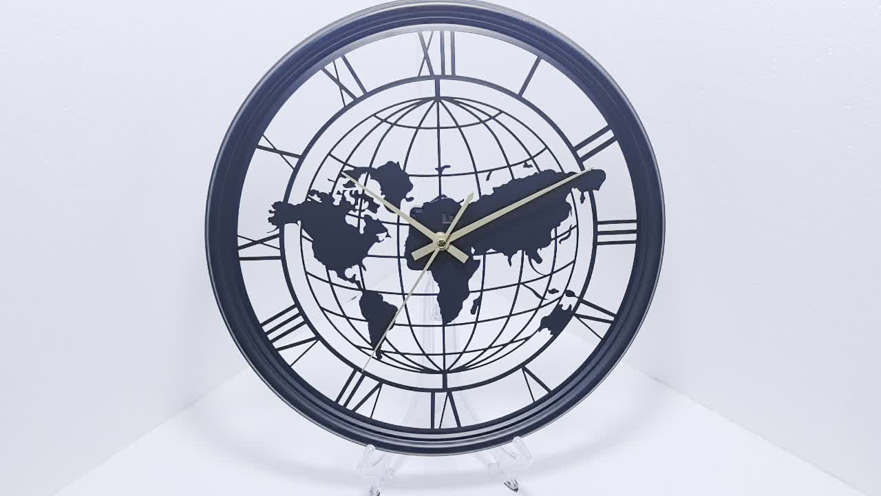 Silent Metal Wall Clock Featuring a Roman World Map Design