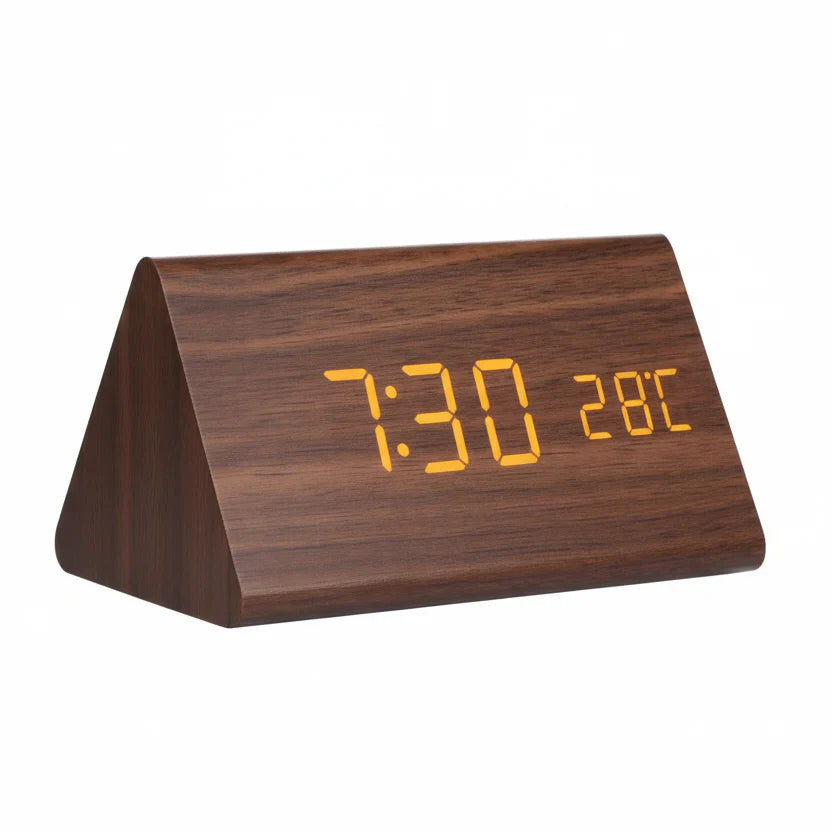 Elegant Wooden-Style LED Alarm Clock with Triple Alarm, Temp Display & Brightness Control
