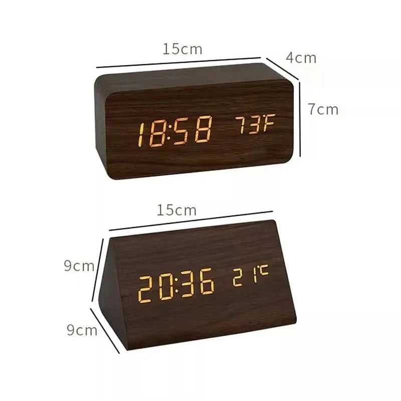 Elegant Wooden-Style LED Alarm Clock with Triple Alarm, Temp Display & Brightness Control