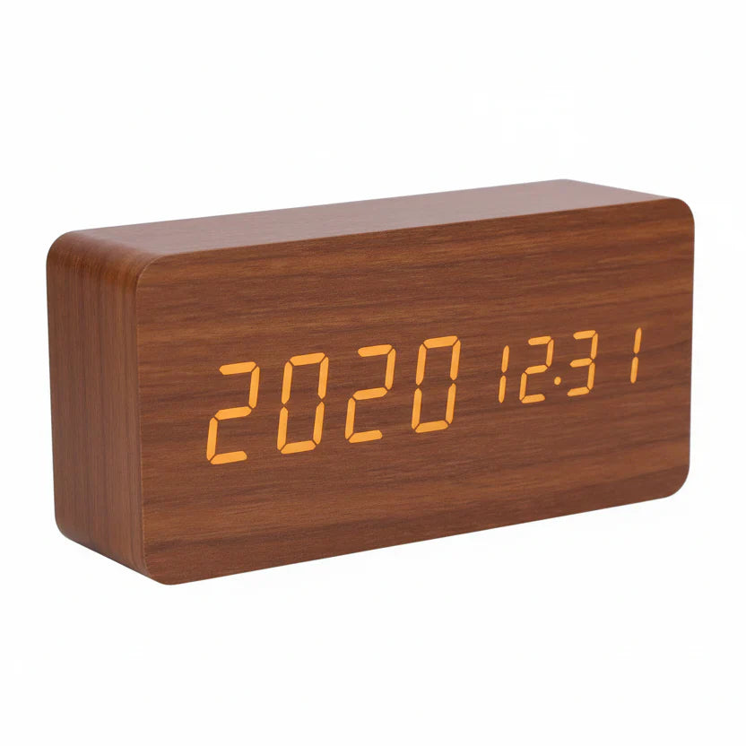 Elegant Wooden-Style LED Alarm Clock with Triple Alarm, Temp Display & Brightness Control