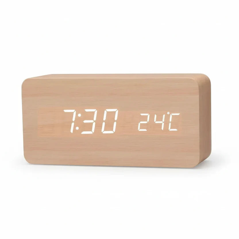 Elegant Wooden-Style LED Alarm Clock with Triple Alarm, Temp Display & Brightness Control