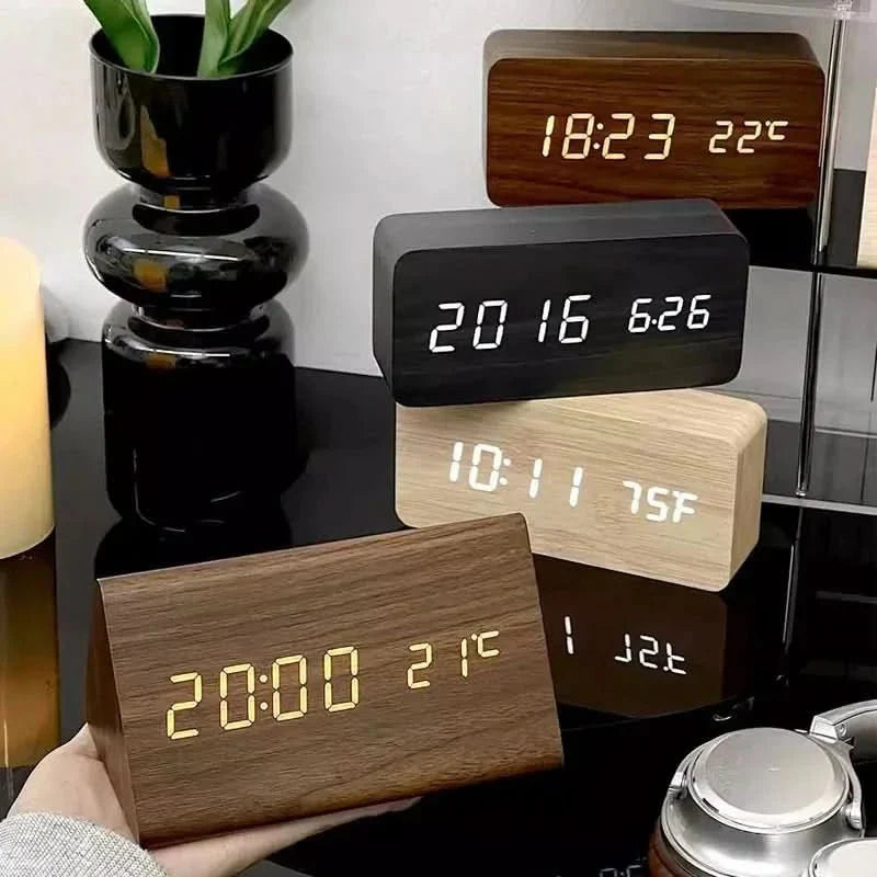 Elegant Wooden-Style LED Alarm Clock with Triple Alarm, Temp Display & Brightness Control