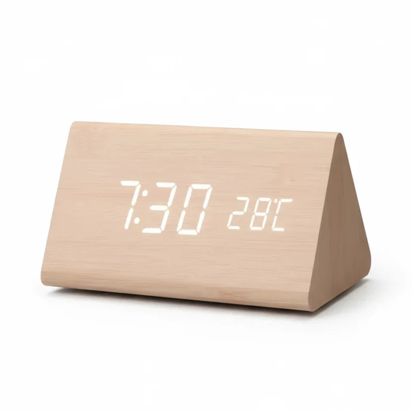 Elegant Wooden-Style LED Alarm Clock with Triple Alarm, Temp Display & Brightness Control