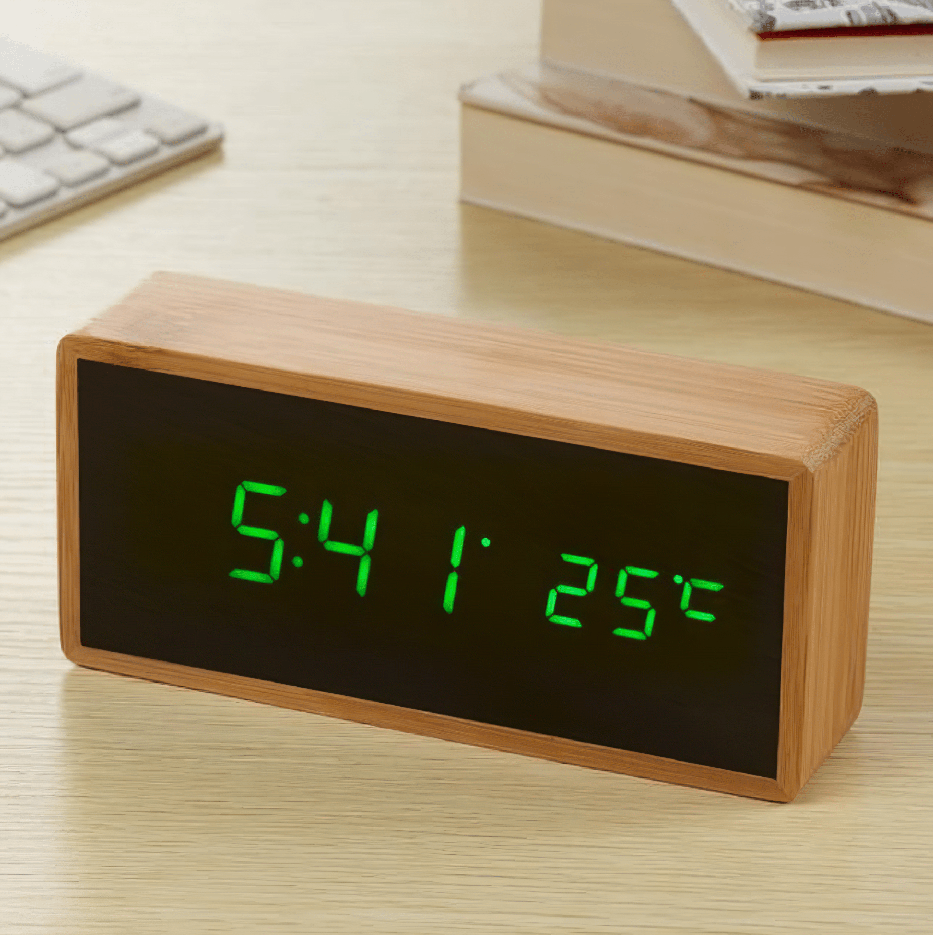 Natural Bamboo LED Alarm Clock with USB & Battery Power