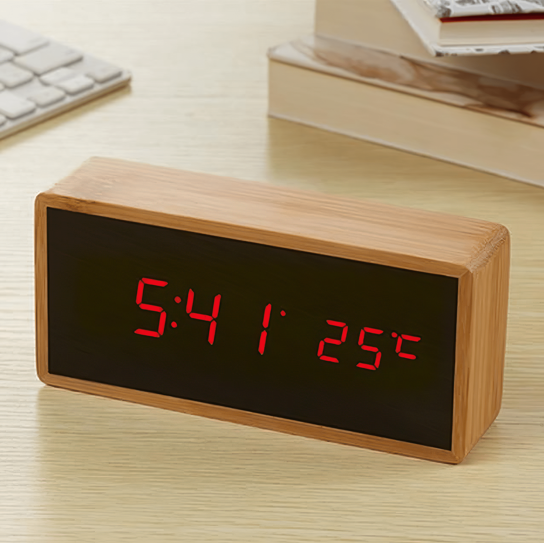 Natural Bamboo LED Alarm Clock with USB & Battery Power
