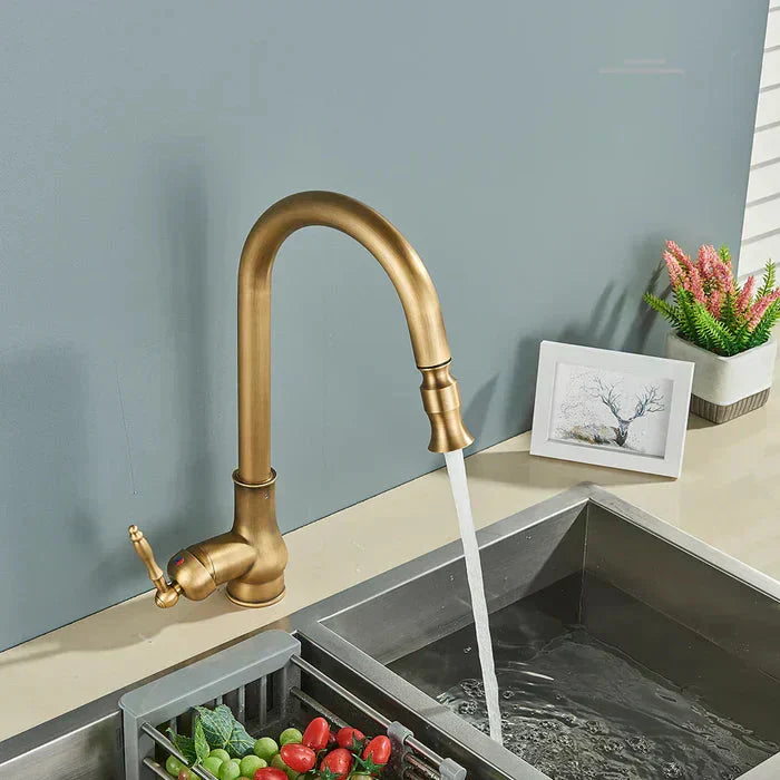 Antique Brass Kitchen Faucet | Swivel Spout | Single Handle Control