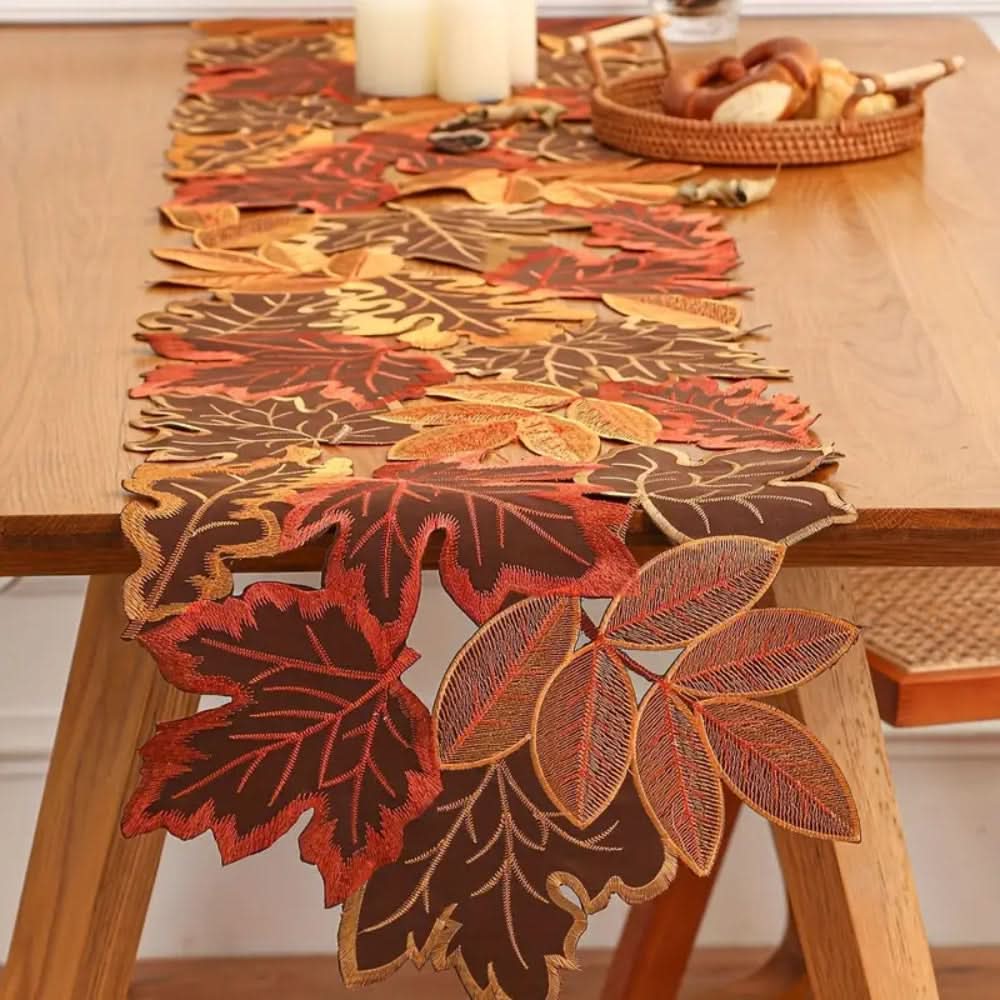 Embroidered Table Runner with Autumn Leaves Design