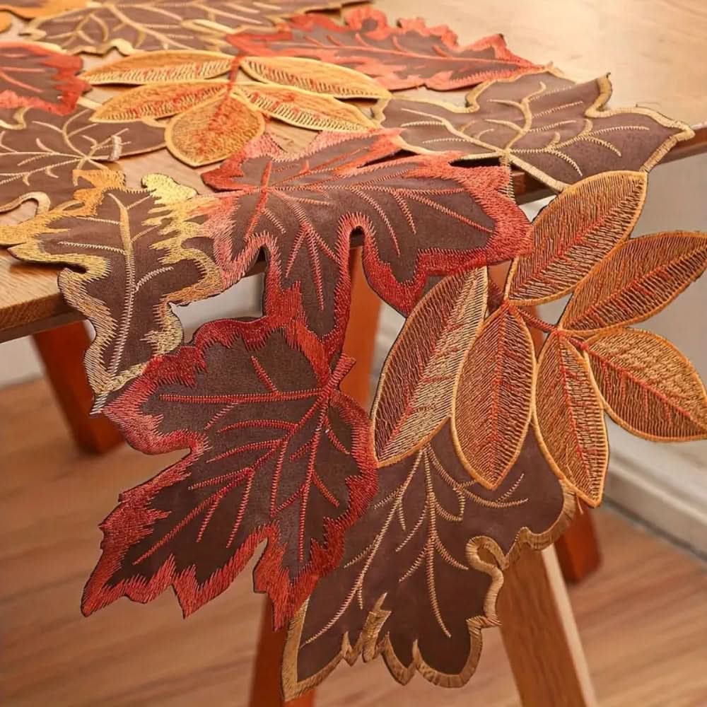 Embroidered Table Runner with Autumn Leaves Design