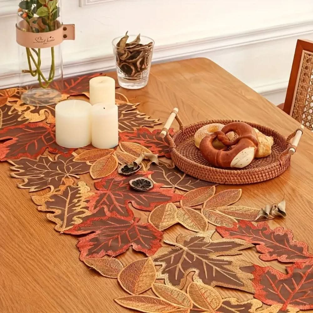 Embroidered Table Runner with Autumn Leaves Design